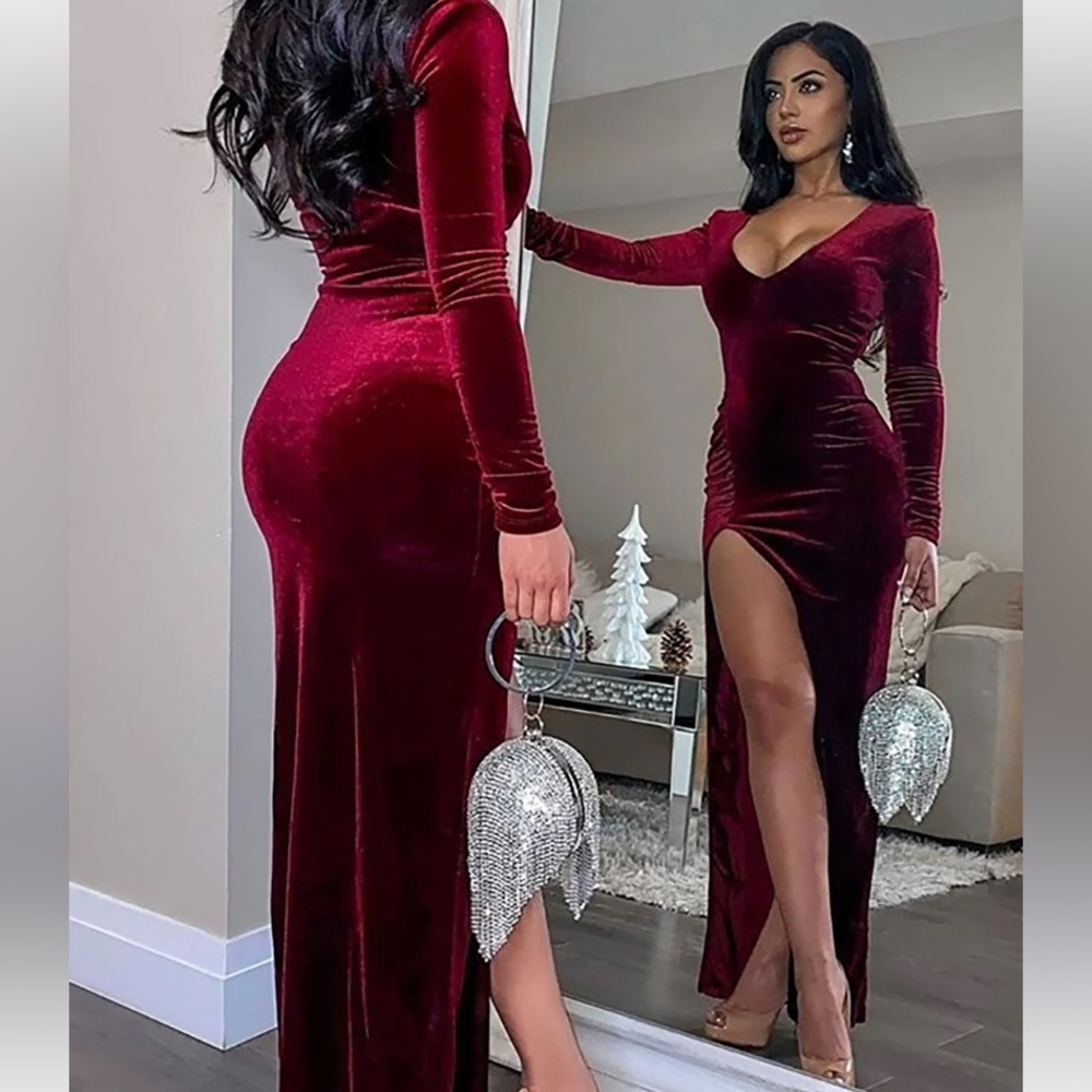 Burgundy velvet long formal dress with slit on the side